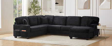 Upholstered U-shaped Sectional Sofa with Movable Ottoman and Side Storage Pockets in Black Corduroy, 125.2 inches - sold by Home Elegance USA