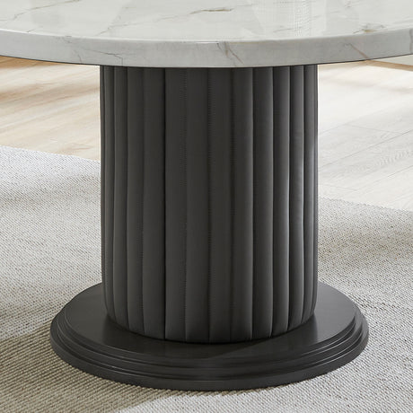 Valencia 5-Piece 54' Round White Faux Marble Dining Set with Gray PVC Upholstered Pedestal Base & Light Gray Fabric Chairs - sold by Home Elegance USA