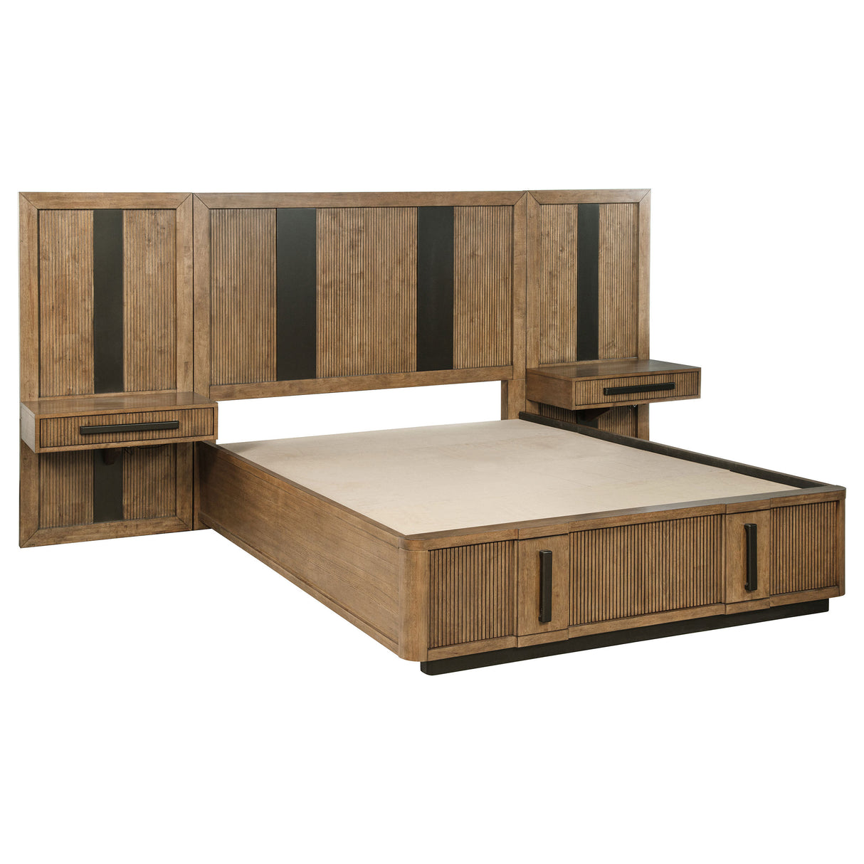 Moraga Ash Brown Modern Queen Wall Panel Storage Bed with Integrated Nightstands in Wood Finish, 120.75in W x 89in L x 58.25in H