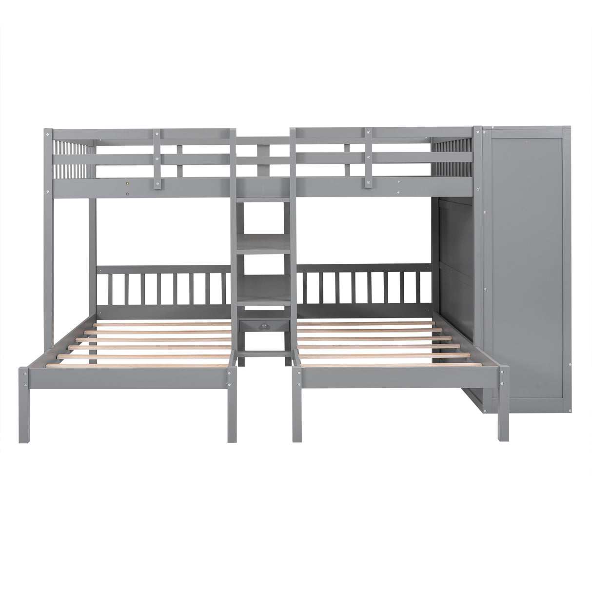 Full-Over-Twin-Twin Bunk Bed with Shelves, Wardrobe and Mirror, Gray - Home Elegance USA