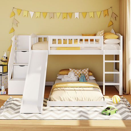Stairway Twin over Twin Bunk Bed with Two Drawers and Slide, White(OLD SKU :LT100156AAK)