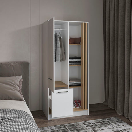 Armoire 70.8' H, 1 Door, 1 Drawer, 4 Shelves, White/Natural Oak - Bedroom - sold by Home Elegance USA