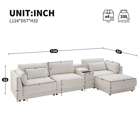 124'' L-Shaped Sectional Sofa with Multi-Functional Storage Console, Wired&Wireless Charger, Movable Ottoman, Wider&Thicker Cushion, Free Combination for Living Room&Apartment, Chenille - sold by Home Elegance USA