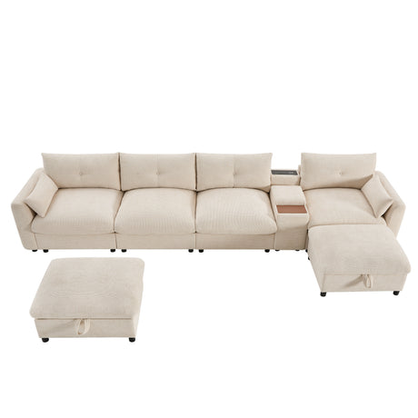 136'' Modular Sectional Sofa with Console, Cup Holder, USB Charger, Movable Storage Ottoman, Pull-line&Tufted Design, U-Shaped Oversized Chenille Sofa for Living Room&Apartment,2 Colors - sold by Home Elegance USA