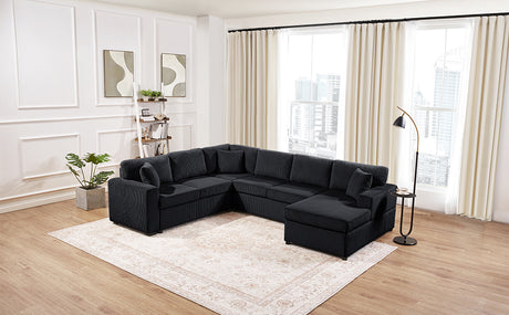 Oversized Sectional Sofa 115.3' U-Shaped Sofa with Chaise Lounge and Three Soft Throw Pillows, Black Corduroy Fabric - sold by Home Elegance USA