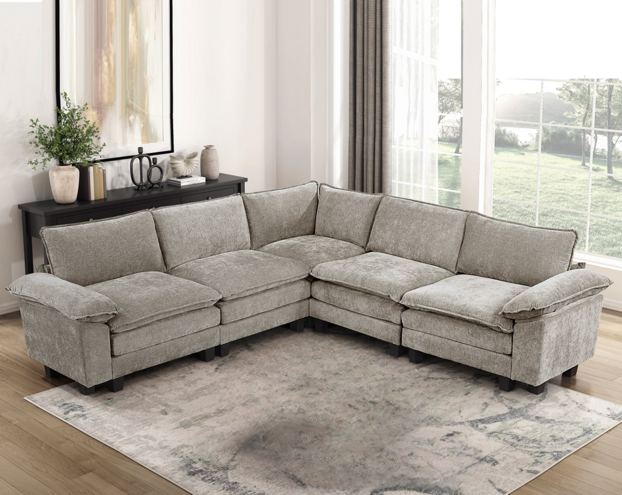 Modern Contemporary 5-Piece Modular Sectional Sofa Set Plush Comfort Chenille Upholstery Living Room Furniture Durable Plywood