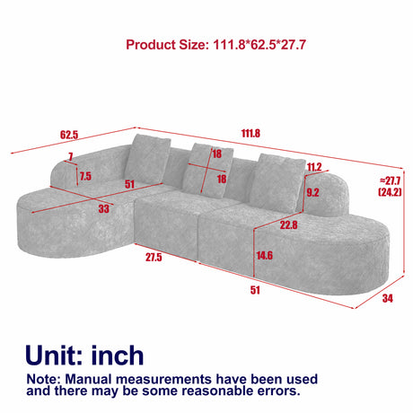 111.8-inch L-shaped curved modular sofa, modern design featuring lychee-textured long-pile polyester fabric, curved backrest with three pillows - sold by Home Elegance USA