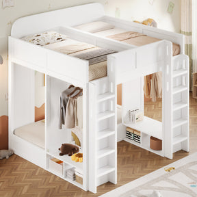 Triple Bunk Bed with Storage Shelves and Hooks, Twin +Twin over Twin XL,White