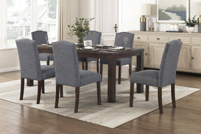 7pc Dining Set Dark Brown Finish Table and Gray Fabric Upholstered 6x Side Chairs Wooden Modern Dining Kitchen Furniture