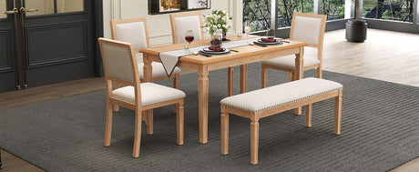 TREXM Vintage Extendable Dining Table Set for 6 with 4 Chairs & Bench, 59 to 72-Inch Rustic Farmhouse Kitchen Table Set with Distressed Finish and Retro Carved Legs (Natural Wood Wash) - sold by Home Elegance USA