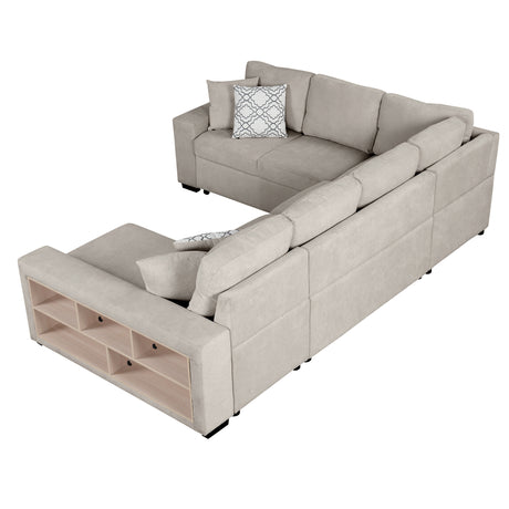Beige Chenille U-Shaped Sectional Sofa with Pull-out Bed, USB Ports, Storage Chaise & Back Pillows - sold by Home Elegance USA