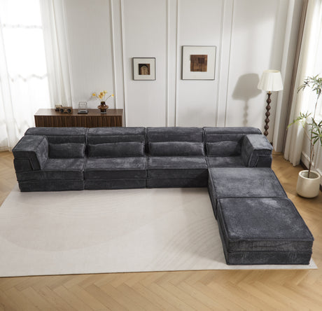 Compression Mahjong Sofa,Convertible Floor Sofa Bed,DIY Boneless Modular Sectional Sofa,No Assembly Required,Circle fleece fabric,Oversized 4 Seater with 2 Ottoman,Dark-grey - sold by Home Elegance USA