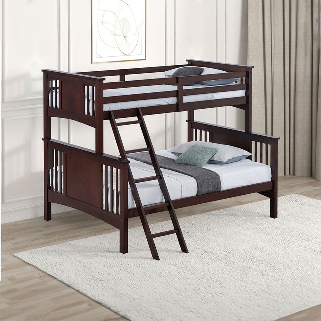 Modern Transitional Style Twin Over Full Bunk Bed With Ladder And Dark Walnut Finish
