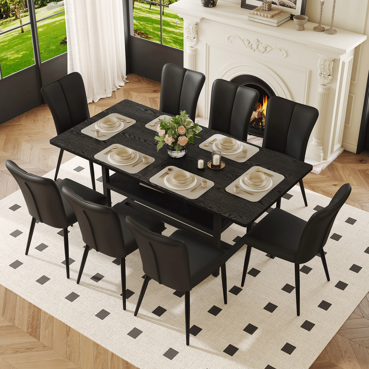 Table and chair set.71*35.4 inch Black Grain Spliced Dining Table With Storage Function In The Middle Of The Legs.Paired with 8 Black PU chairs with a vertical stripe design on the backrest.
