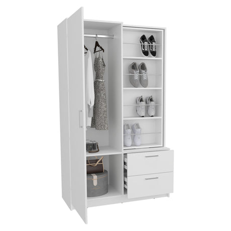Seville 71' High Mirror Armoire, One Door Cabinet, Two Drawers , Hanging Rod, Rotating Mirror And Shoe Rack, Two Shelves White - sold by Home Elegance USA