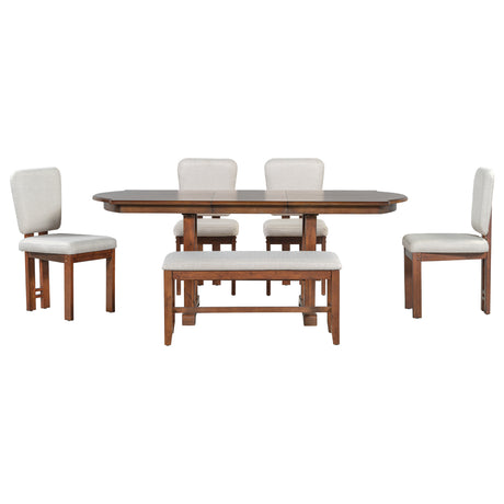 TOPMAX 6 Pieces 78inch Extendable Wood Dining Table Set with Bench, Traditional Kitchen Table Set with 18inch Removable Leaf and 4 Upholstered Dining Chairs, Espresso+Beige - sold by Home Elegance USA