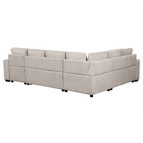 Beige Chenille U-Shaped Sectional Sofa with Pull-out Bed, USB Ports, Storage Chaise & Back Pillows - sold by Home Elegance USA