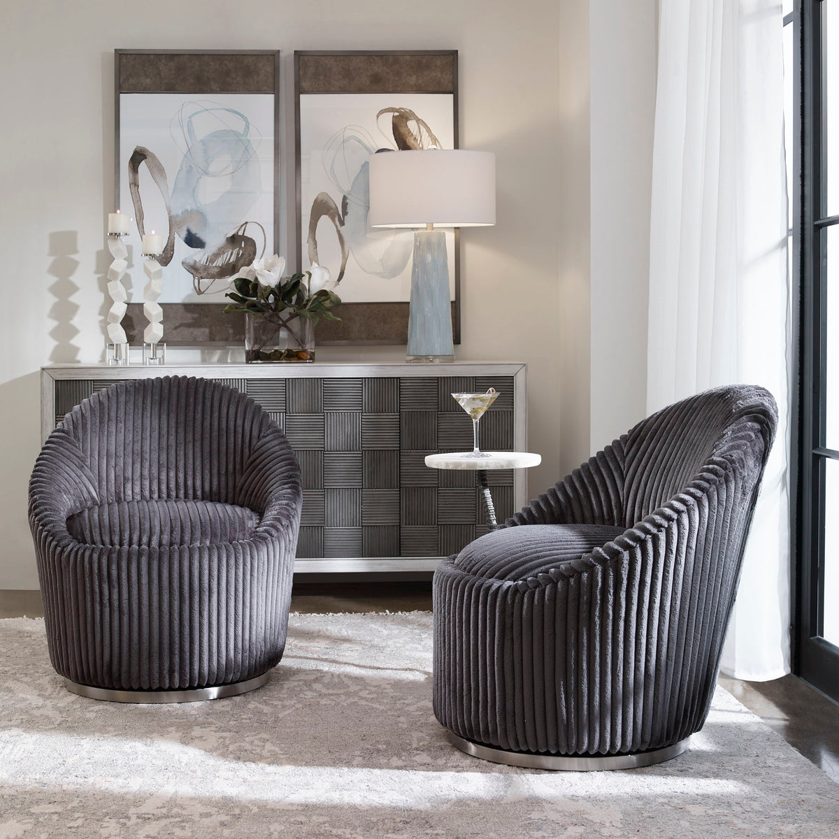 Crue Fabric Swivel Chair - Dark Gray by Uttermost - View 2