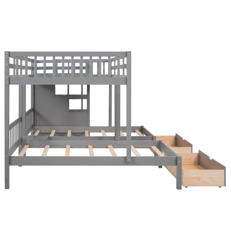 Full Over Twin & Twin Bunk Bed, Wood Triple Bunk Bed with Drawers and Guardrails (Gray) - sold by Home Elegance USA