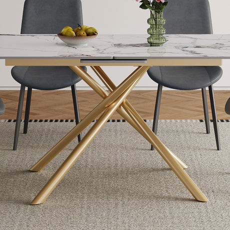 Modern 59-inch Expandable Dining Table with Retractable Leaf, Charred Stone Top & Golden Carbon Steel X-Base, 4-8 Person Set with 8 Gray PU Chairs for Small Apartments, Kitchen - sold by Home Elegance USA