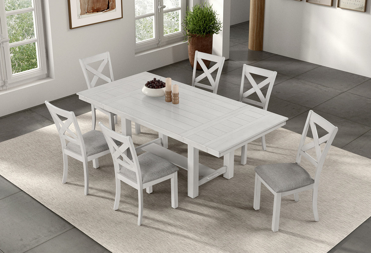 Contemporary 7pc Dining Set White Oak Table w Leaf 6x Side Chairs Cross Back Cushion Seat Chair