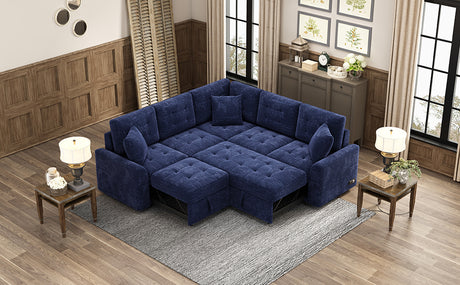 Navy Blue L-shape Sofa Bed with Pull-out Sleeper, USB Ports, Power Sockets, Corded Velveteen, 82.6' - sold by Home Elegance USA