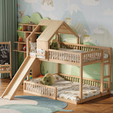 Wood Full XL over Queen Floor House Bunk Bed Frame with Slide & Built in Ladder for Kids, Teens, Juniors, Natural