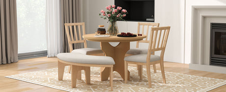 TREXM 5-piece Rustic Charm Round Dining Set with 3 Upholstered Chairs and Curved Bench for Dining Room, Kitchen and Living Room (Natural) - sold by Home Elegance USA