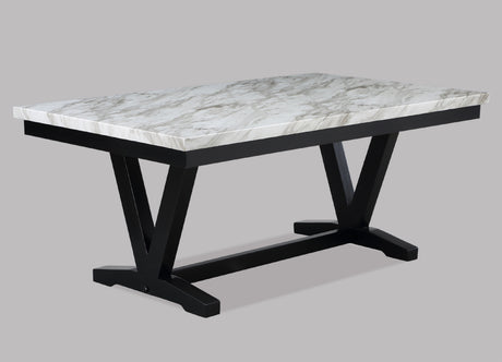 White Faux Marble & Black Finish Dining Table Set Black Faux Leather Upholstered Chairs Bench Nailhead Trim Polyurethane Fabric 6pc Set - sold by Home Elegance USA