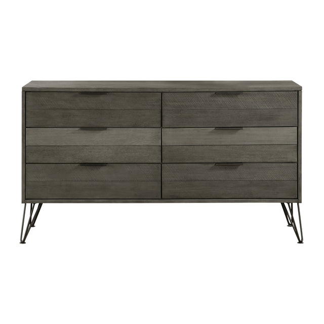 Contemporary Dresser of 6x Storage Drawers Solid Acacia Wood Metal Legs Slat Design Paneling 3-tone Gray Finish Bedroom Furniture 1pc