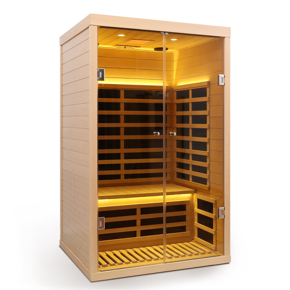 Sauna de infrarrojos Hemlock de lujo para dos personas, con puertas dobles y cristal.