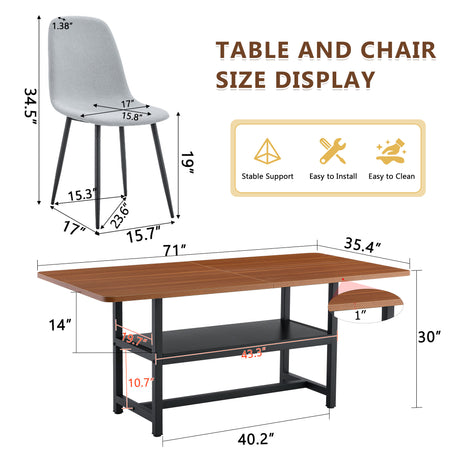 Table and chair set.71*35.4 inch fashionable walnut grain dining table, a practical choice to add color to the home.Paired with 8 Light Gray Linen-Cotton Material High Resilience Dining Chairs. - sold by Home Elegance USA