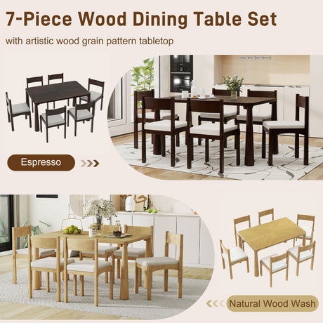 TREXM 7-Piece Retro Dining Table Set for 6, Wood Dining Table Set for 6 with Upholstered Chairs for kitchen & Dining Room (Natural Wood Wash) - sold by Home Elegance USA