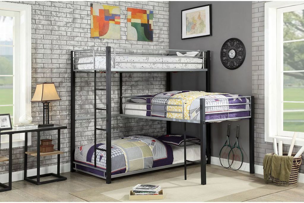 Unique Triple Twin Decker Bed Contemporary Style Full Metal Construction Two Ladders And Guard Rails sand Black Finish