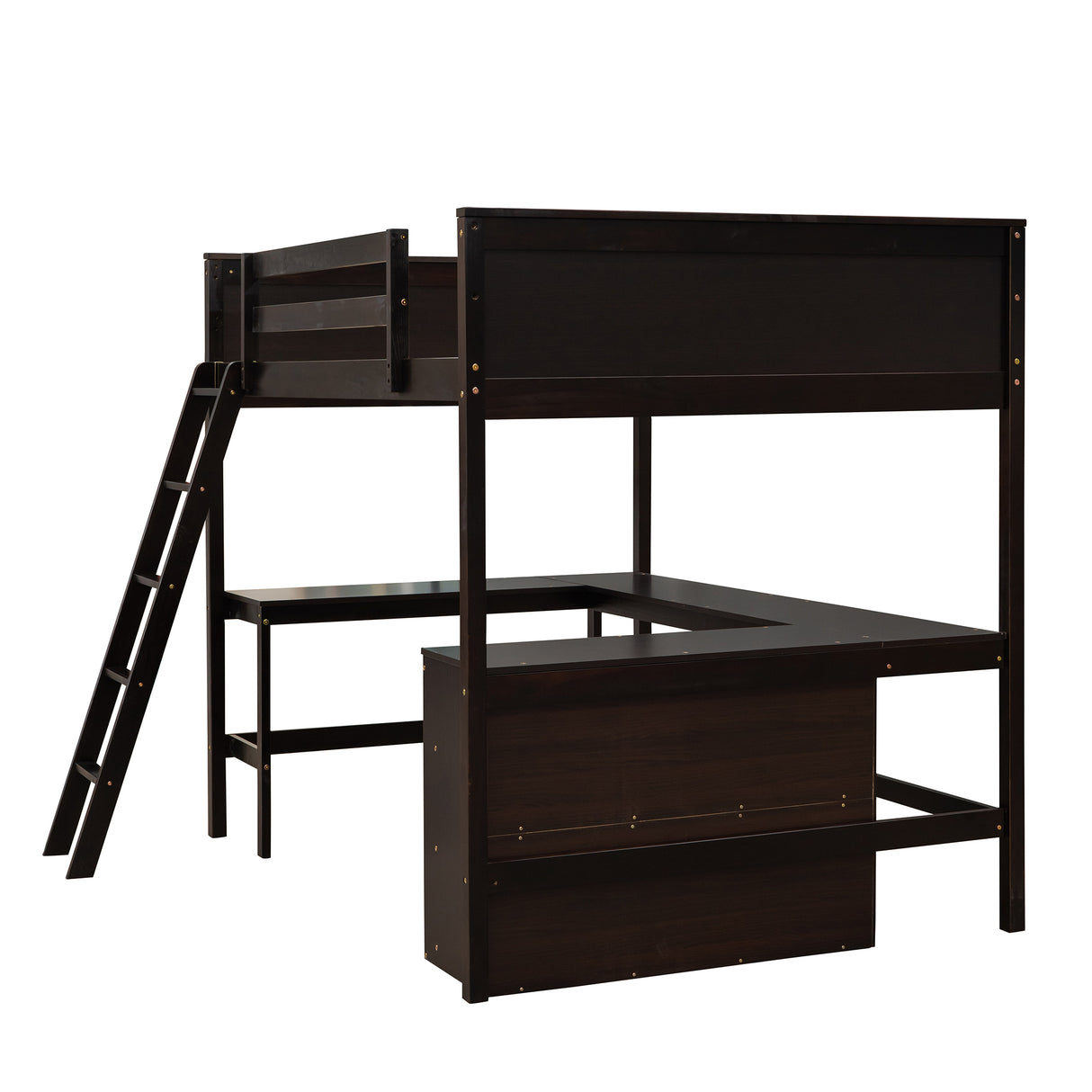 Full size Loft Bed with Shelves and Desk, Wooden Loft Bed with Desk - Espresso - Home Elegance USA