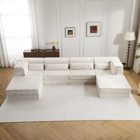 Compression Mahjong Sofa,Convertible Floor Sofa Bed,DIY Boneless Modular Sectional Sofa,No Assembly Required,Circle fleece fabric,Oversized 4 Seater with 2 Ottoman,White - sold by Home Elegance USA