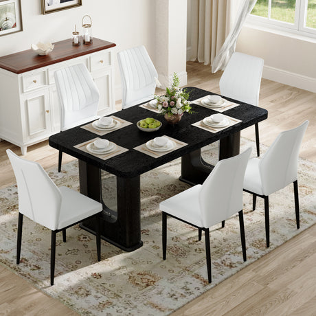 Table and chair set.64.5 x 35.4 Inch Stylish Black Wood Color Textured Dining Table.Paired with 6 Black - and - White PU Dining Chairs with Shell - pattern. Exudes A Strong Sense Of Fashion. - sold by Home Elegance USA