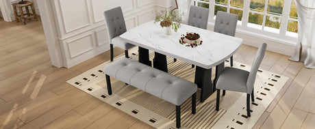 6 Piece Modern Dining Table Set, 63' Faux Marble Dining Table with Geometric Legs & 4 Upholstered Chairs & 1 Bench, Suitable for Dining Kitchen Room,Easy to Assemble, White+Gray - sold by Home Elegance USA
