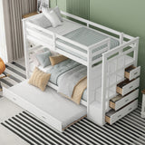 Twin Over Twin Bunk Bed with Trundle and Staircase,White(OLD SKU:LT000068AAK) - Home Elegance USA