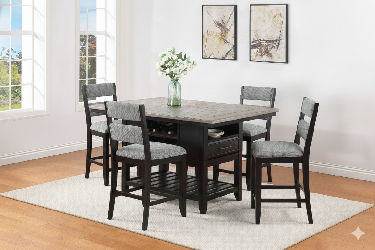 5pc Counter Height Dining Set Dark Finish Black Gray Brown Rectangular Table Wine Bottle Storage Upholstery Chairs Open Shelf Storage Drawer Wooden Solid Wood Furniture