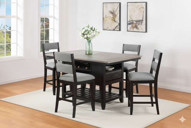 5pc Counter Height Dining Set Dark Finish Black Gray Brown Rectangular Table Wine Bottle Storage Upholstery Chairs Open Shelf Storage Drawer Wooden Solid Wood Furniture
