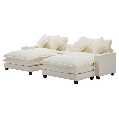 Chenille Upholstered Sectional Sofa with Removable Ottoman, USB Ports, Cup Holders, and Storage, Beige, 111' - sold by Home Elegance USA