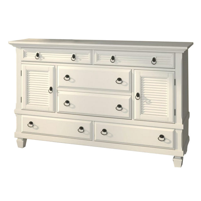 Pine Wood Dresser with 2 Cabinet & 6 Drawer in White
