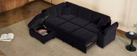 Sleeper Sectional Sofa, L-Shape Corner Couch Sofa-Bed with Storage Ottoman & Hidden Arm Storage & USB Charge  for Living Room Apartment, Black - sold by Home Elegance USA