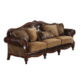 Acme - Dreena Sofa W/5 Pillows 5495 Two Tone Brown Synthetic Leather & Chenille Cherry Finish