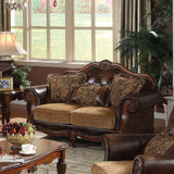 Acme - Dreena Loveseat W/3 Pillows 5496 Two Tone Brown Synthetic Leather & Chenille Cherry Finish