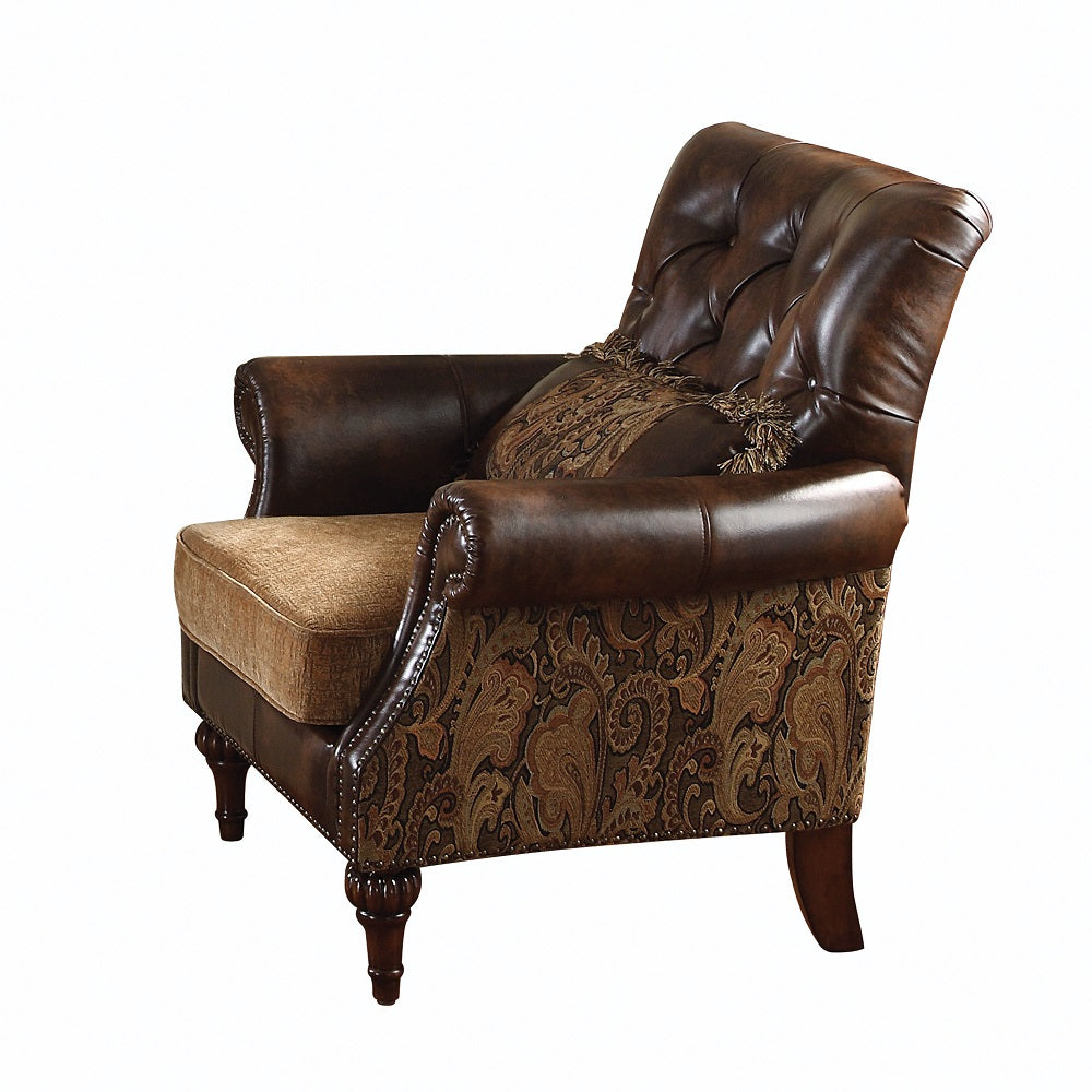 Acme - Dreena Chair W/Pillow 5497 Two Tone Brown Synthetic Leather & Chenille Cherry Finish