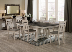 7pc Cottage Style Extendable Dining Table Set Chalk Gray Tow Tone Finish Upholstered Chair Dining Room Wooden Furniture Two Self-Storing Refectory Leaves Solid Wood - sold by Home Elegance USA