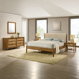 Vichy 5-Piece Rubberwood Bedroom Set with Textured Polyester Upholstered Queen Bed, Dresser, Mirror, and 2 Nightstands
