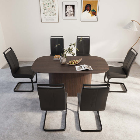 63 'medieval modern brown style MDF dining table and PU armless dining chair set 6. Assemble Desktop and Black metal leg dining chair set, suitable for home&kitchen